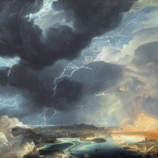 Prompt: a epic thunderstorm over new york, by anthony van dyck, artstation, illustration, comic book, polychromatic - colors, insanely detailed and intricate, hypermaximalist, elegant, ornate, hyper realistic, super detailed