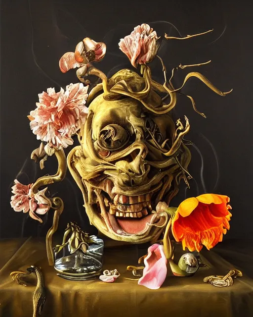 Image similar to refined gorgeous blended oil painting with black background by christian rex van minnen rachel ruysch dali todd schorr of a chiaroscuro portrait of an extremely bizarre disturbing mutated man made of still life flowers and rubber insects with shiny skin acne dutch golden age vanitas intense chiaroscuro cast shadows obscuring features dramatic lighting perfect symmetry perfect composition masterpiece