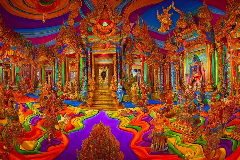 Prompt: rainbow thai temple, elaborate, intricate, beautiful, magical, well lit, torches, mythical beasts, gods, princes, royalty, representational, hyperrealistic, DAZ, unreal 5, fisheye, dynamic lighting, detailed painting by Leonardo DaVinci