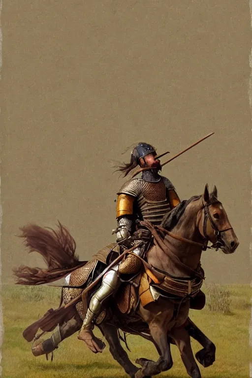 Image similar to ( ( ( ( ( ( ( a knight riding a horse with wagon wheels ) ) ) ) ) ) ) by chris mcgrath and greg rutowski and wlop!!!!!!!!!!!!!! muted colors, detailed
