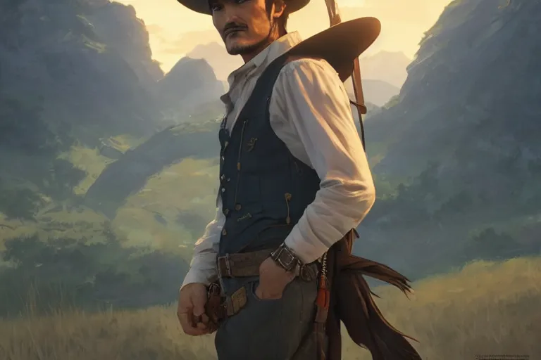 Image similar to old pedro pascal as a cowboy, single subject, scenic full shot, ambient lighting, detailed face, by makoto shinkai, stanley artgerm lau, wlop, rossdraws