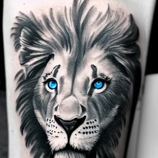 Image similar to black and white tattoo of a lions head with blue eyes and shadows