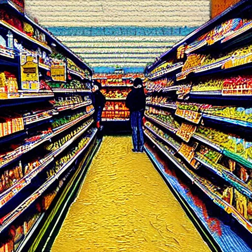 Image similar to supermarket aisle in the style of van gogh