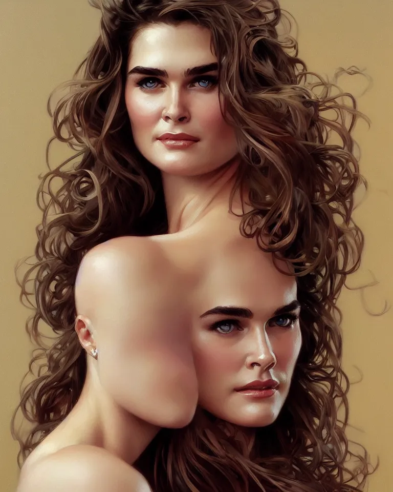 Image similar to portrait of a young brooke shields, upper half body, seductive eyes, long hair, joyful smirk, intricate, elegant, highly detailed, digital painting, artstation, concept art, matte, sharp focus, illustration, art by artgerm and greg rutkowski and alphonse mucha