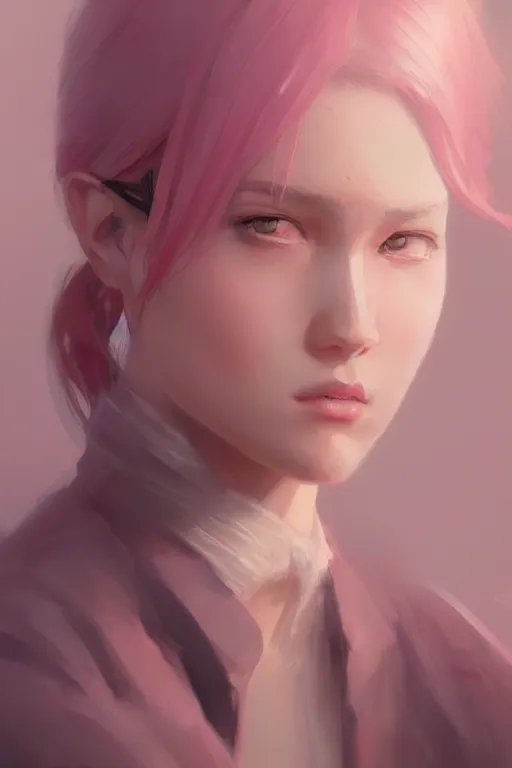 Image similar to 3 / 4 portrait, soft, pink, artgerm and and greg rutkowski, trending on artstation