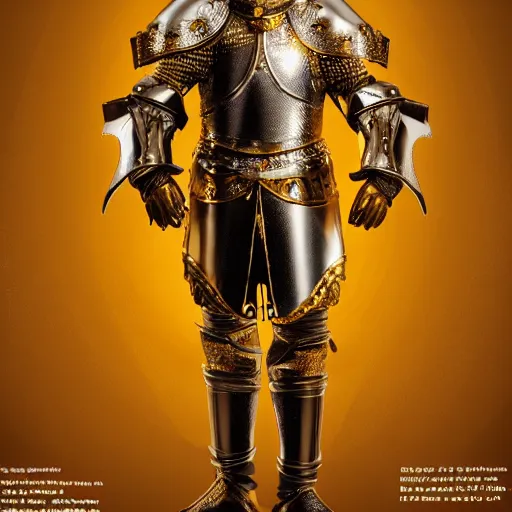 Prompt: a highly detailed full-length knight in a golden helmet and crown with a diamond in the center, golden armor, leather clothes under the armor, leather gloves, king artstation, DeviantArt, professional, octane render, epic, blender