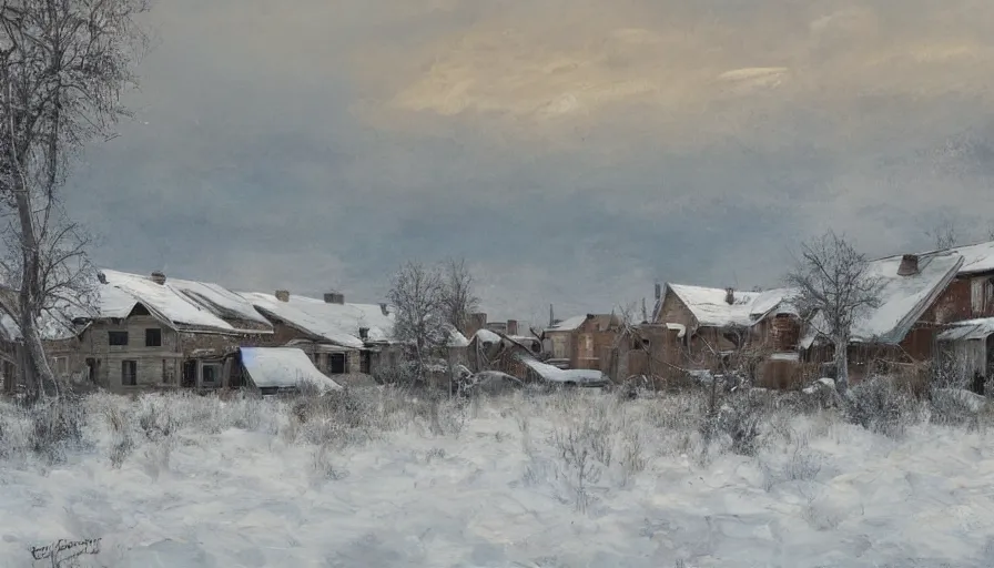 Image similar to an extremely detailed painting by cedric peyravernay of a large array of houses in a contested territory between the soviet union and america, snowy landscape, authoritarian vibes, extremely detailed, 4 k