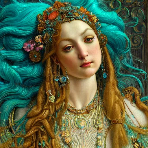 Image similar to intricate detail, hyper detail, by gaston bussiere, sandro botticelli, lady of elche, techno mystic princess intergalactica, inanna, ashteroth, with neon aqua rapunzel dreadlocks, detailed, masterpiece, sharp focus,