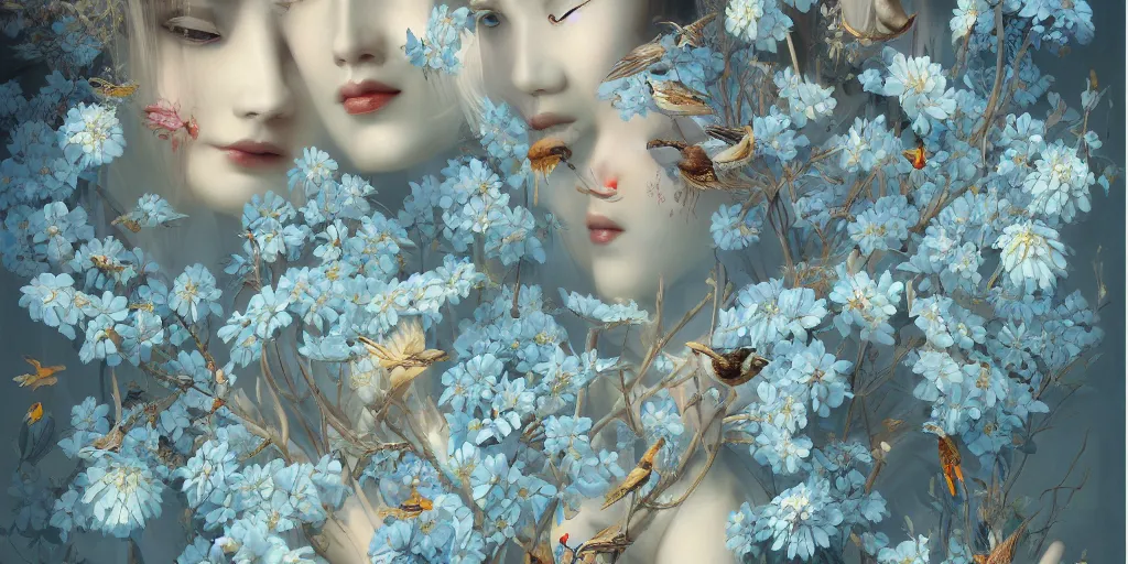 Image similar to breathtaking detailed concept art painting art deco pattern of blonde faces goddesses amalmation light - blue flowers with anxious piercing eyes and blend of flowers and birds, by hsiao - ron cheng and john james audubon, bizarre compositions, exquisite detail, extremely moody lighting, 8 k