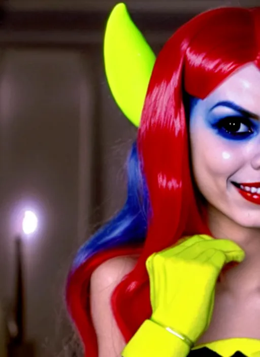 Prompt: a film still of victoria justice as harley quinn from a year nineteen - seventy - two italian giallo film about furbys.