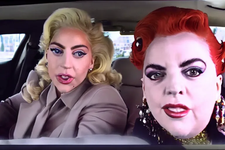 Image similar to carpool karaoke screenshot of lady gaga and judy garland, highly realistic, highly detailed, high resolution, 8 k 4 k,