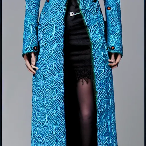 Image similar to fashion 2 0 5 0 fantastic openwork long coat with intricate pattern on a beautiful symmetrical girl with blue hair, hyper realistic photos