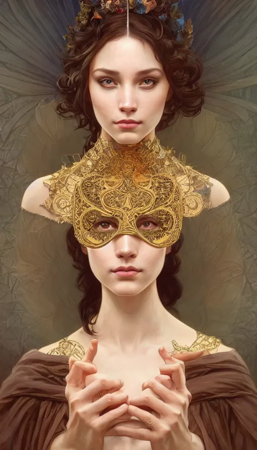 Prompt: masked, perfectly-centered-Portrait of the most beautiful woman on the planet , intricate, highly detailed, digital painting, artstation, concept art, smooth, sharp focus, illustration, Unreal Engine 5, 8K, art by artgerm and greg rutkowski and alphonse mucha