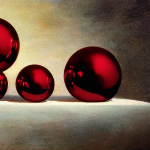 Prompt: chrome spheres on a red cube by alexandre cabanel