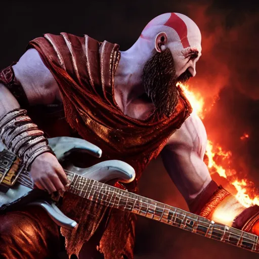 Prompt: kratos shredding on a flaming stratocaster guitar, cinematic render, god of war 2 0 1 8, santa monica studio official media, lightning, spartan rage, head turned