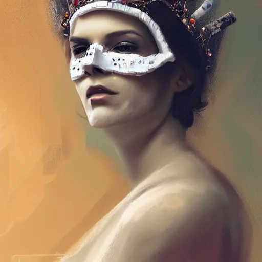 Image similar to full body potrait of a woman. woman is wearing a crown made of cigarettes. Woman is wearing a skull mask. Smoke effects forms question mark. Digital painting. Art station. Mood lighting. - h 1200