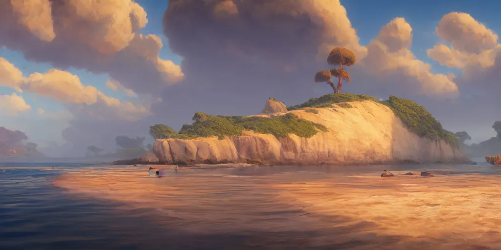 Image similar to illustration of the shore on a beautiful morning, Pixar and Disney animation, sharp, Rendered in Unreal Engine 5, art by Greg Rutkowski, Bloom, dramatic lighting