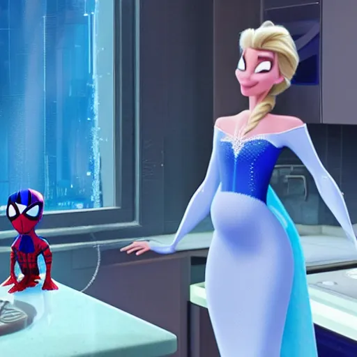 Image similar to spiderman and pregnant princess elsa talking in the kitchen, into the spiderverse cinematic render, 2 0 1 8 ) sony animation official media, clear details, award winning, blue gown, third trimester