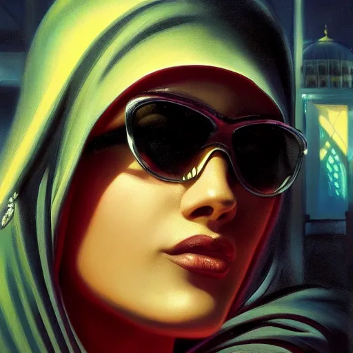 Image similar to detailed face of an arabic woman, glistening mosque, moment, tectonic sky, skydome, reactor, utopian, tech noir, wet reflections, prism, atmospheric, ambient, pj crook, syd mead, livia prima, artgerm, greg rutkowski, nick alm, casey baugh