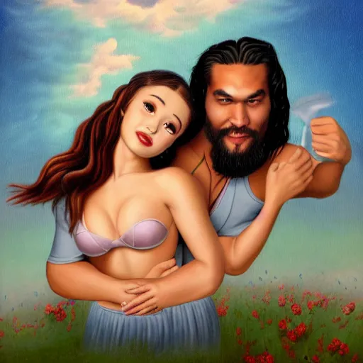 Image similar to ariana grande and jason momoa on a tandem, lowbrow painting by mark ryden