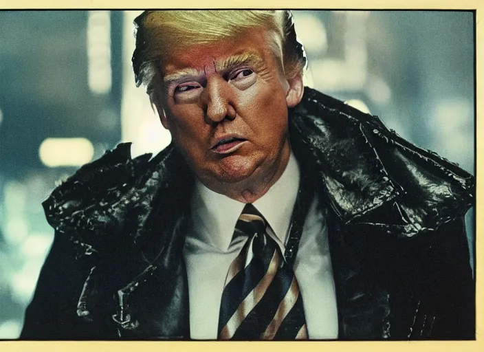 Image similar to film still donald trump wearing leather coat as a detective in blade runner, 8 k by alphonse mucha