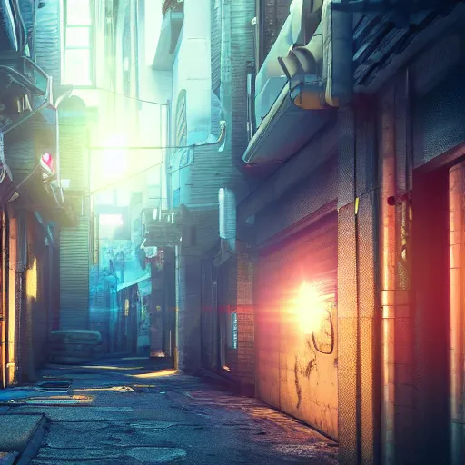 Image similar to ultradetailed 8 k hd octane render of a cyberpunk alleyway at sunset