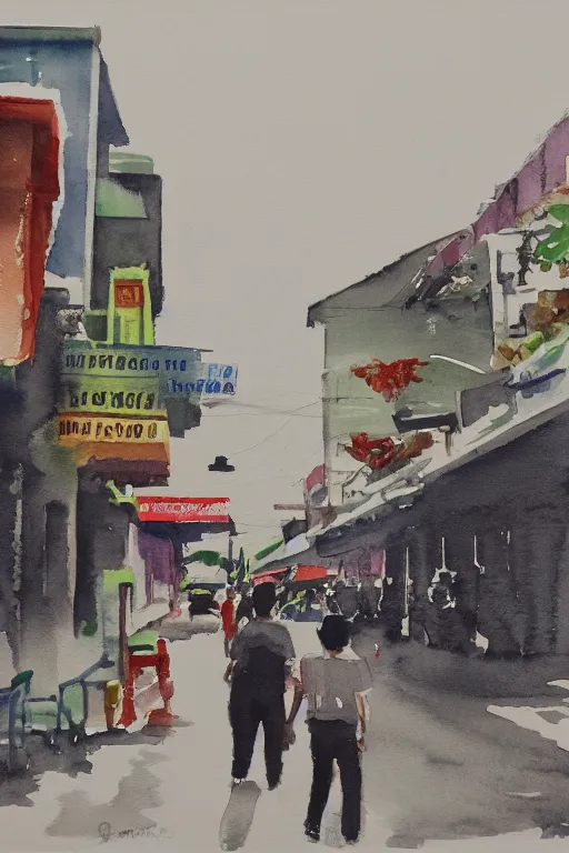 Image similar to a watercolor depicting a singapore geylang, gloomy weather, high contrast, smooth, by joseph zbikowicz, 8 k