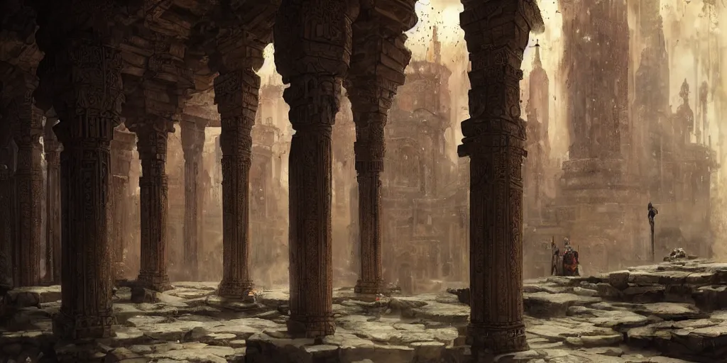 Prompt: arabic city, by joe dever, lone wolf, stalactones, drapes, temple, pillars, altar, traps, from inside a temple, temple run, painted by greg rutkowski