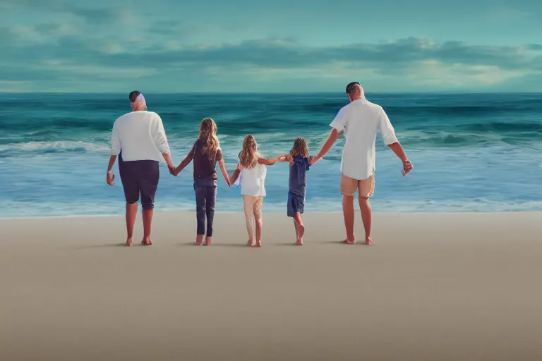 Image similar to a photograph of a family on the beach, holding hands, far - view, art, cinematic composition, octane render, high detail, 8 k, artstation trending, jcpenney portraits, wide shot, outdoors, wide - angle lens, soft focus, very coherent, 7 5 mm lens