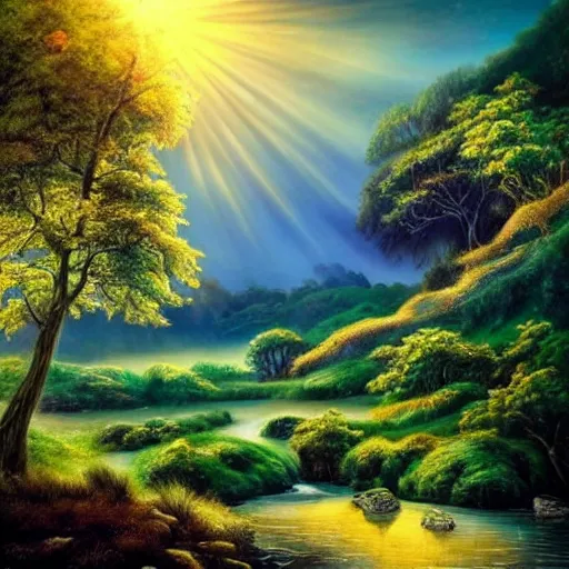 Image similar to a royal landscape, sumptuous, outstanding beauty, hills trees, stream, clouds, birds, sun rays, dramatic, ecstatic, surrealism