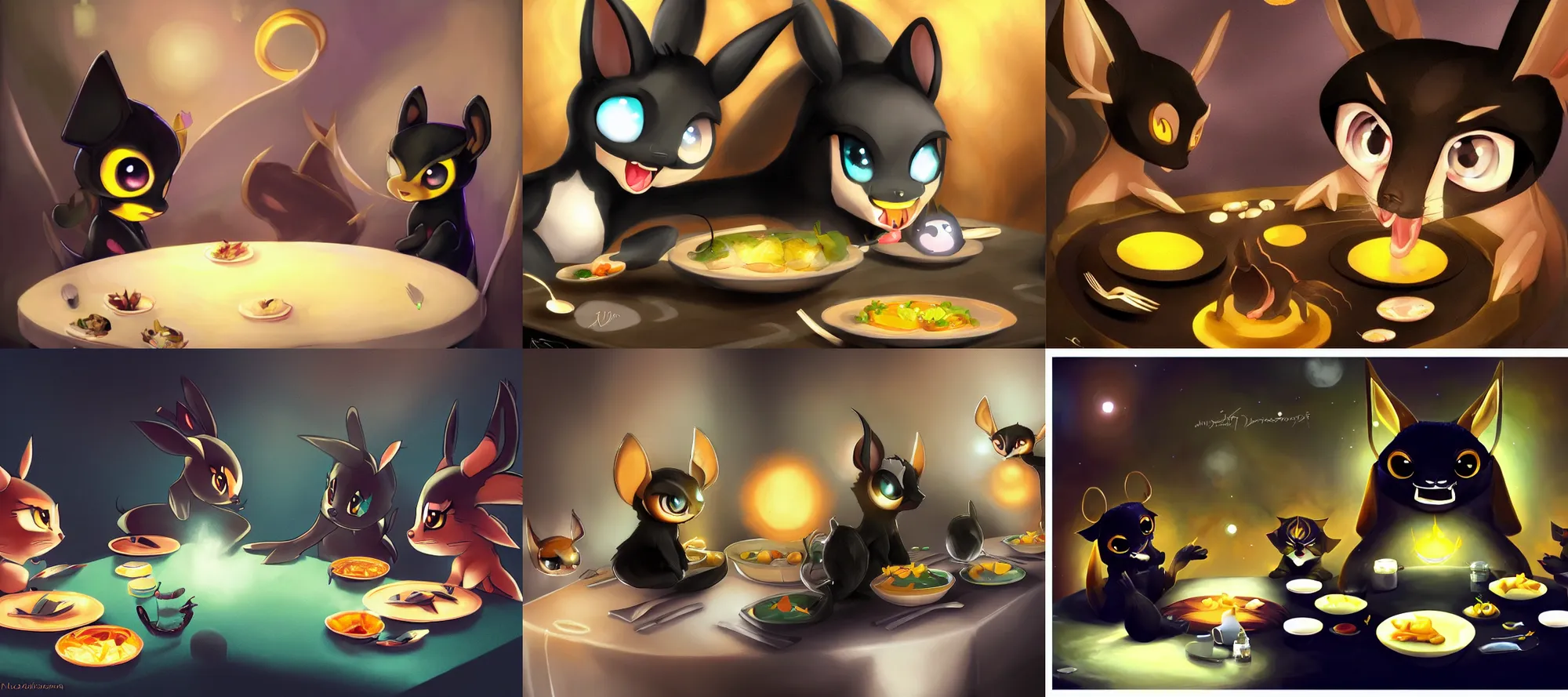 Prompt: umbreon eyes eating dinner at a table by sandara juliathedragoncat artstation julia mato cindy avelino loveart 4 6