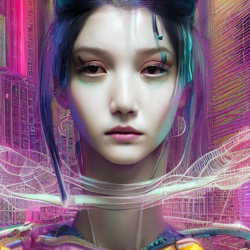 Image similar to the portrait of an absurdly beautiful, graceful, sophisticated, fashionable cyberpunk gravure idol, an ultrafine hyperdetailed illustration by kim jung gi, irakli nadar, hanna moon, leslie zhang intricate linework, bright colors, collage, porcelain skin, unreal engine 5 highly rendered, cgsociety, global illumination, radiant light, detailed and intricate environment