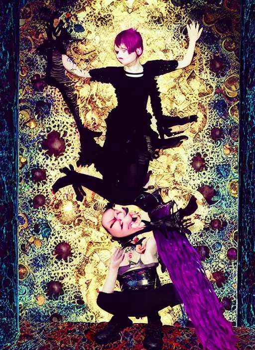 Image similar to cute punk goth fashion fractal young Bjork posing by Zhang Jingna, poster art by Hannah Höch Victor Moscoso Dan Mumford Kilian Eng Hannah Jeffrey Smith Rick Griffin Alphonse Mucha Gustav Klimt Ayami Kojima Amano Charlie Bowater, violet and black