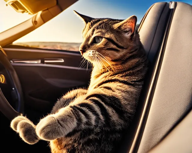 Image similar to top view of convertible, cat sitting in driver seat with paws on steering wheel, golden hour