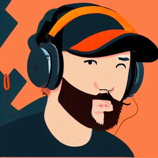 Prompt: streamer on twitch with black hat, stubble, ginger hair, orange hair, black cap, stubbles, red headphones, in the style of tatsuro kiuchi, art