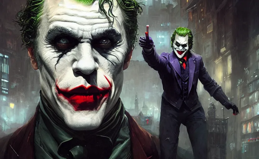 Image similar to highly detailed portrait of christoph waltz as the joker, in batman : arkham knight, stephen bliss, unreal engine, fantasy art by greg rutkowski, loish, rhads, ferdinand knab, makoto shinkai and lois van baarle, ilya kuvshinov, rossdraws, tom bagshaw, global illumination, radiant light, detailed and intricate environment