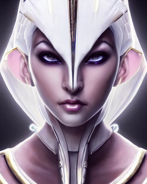 Image similar to perfect white haired attractive egyptian goddess, warframe armor, pharaoh headdress, beautiful, symmetric, dreamy, half asian, pretty face, green eyes, charlize theron, detailed, scifi platform, laboratory, experiment, 4 k, ultra realistic, epic lighting, android body, illuminated, cinematic, masterpiece, art by akihito tsukushi, voidstar