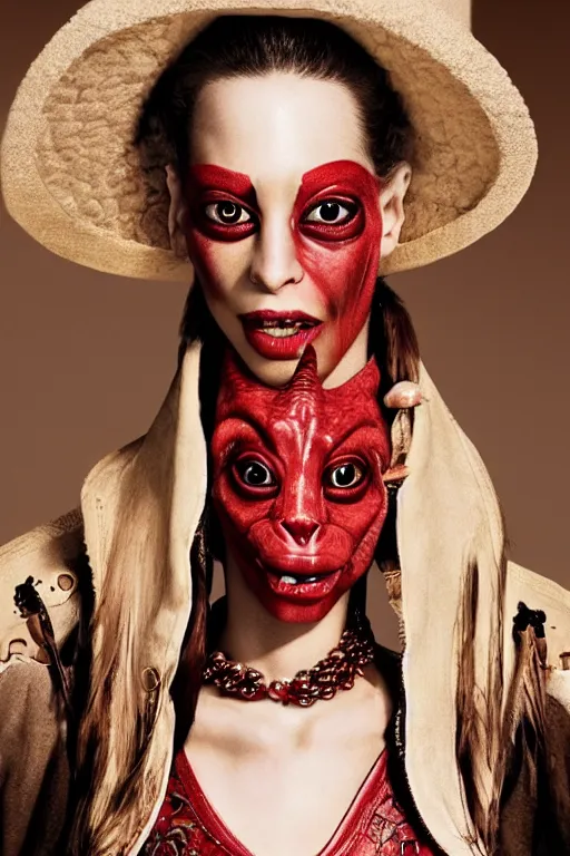 Image similar to dolce & gabbana campaign featuring jar jar binks as a female cowgirl, long eyeslashes, huge juicy lips, big seductive eyes, shot by mario testino, realistic vfx simulation
