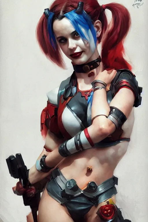 Image similar to portrait of cute Harley Quinn in bikini armor, dc comics, cyberpunk, Warhammer 40000, dark fantasy, digital art from artstation by Ruan Jia and Mandy Jurgens and Artgerm and william-adolphe bouguereau