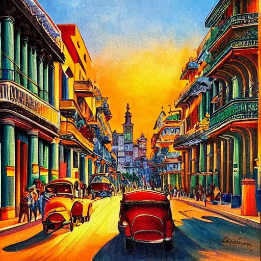 Prompt: art nouveau painting of streets of Havana, Cuba, beautiful, diverse, golden hour