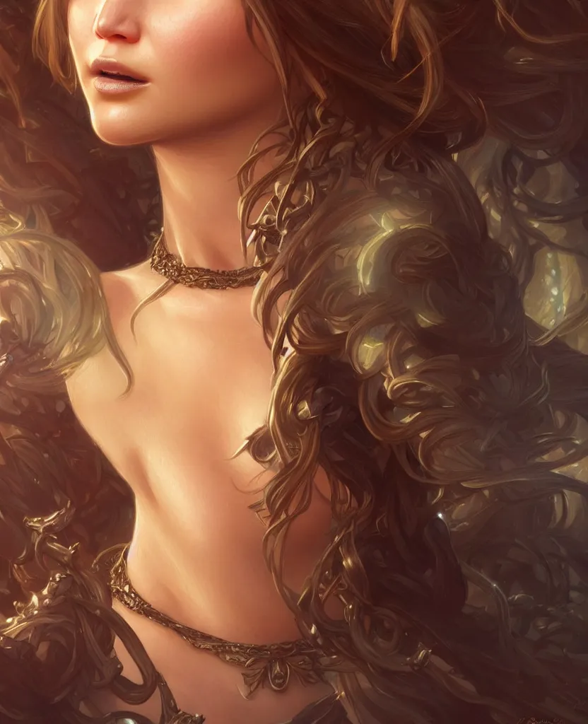 Image similar to Jennifer Lawrence, closeup, D&D, fantasy, intricate, elegant, highly detailed, digital painting, artstation, concept art, matte, sharp focus, illustration, hearthstone, art by Artgerm and Greg Rutkowski and Alphonse Mucha