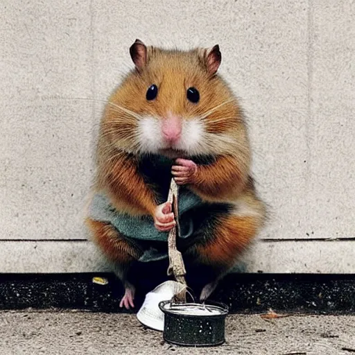 Image similar to “ hamster dressed as a homeless person sitting at an intersection with arms stretched out holding a tin can ”