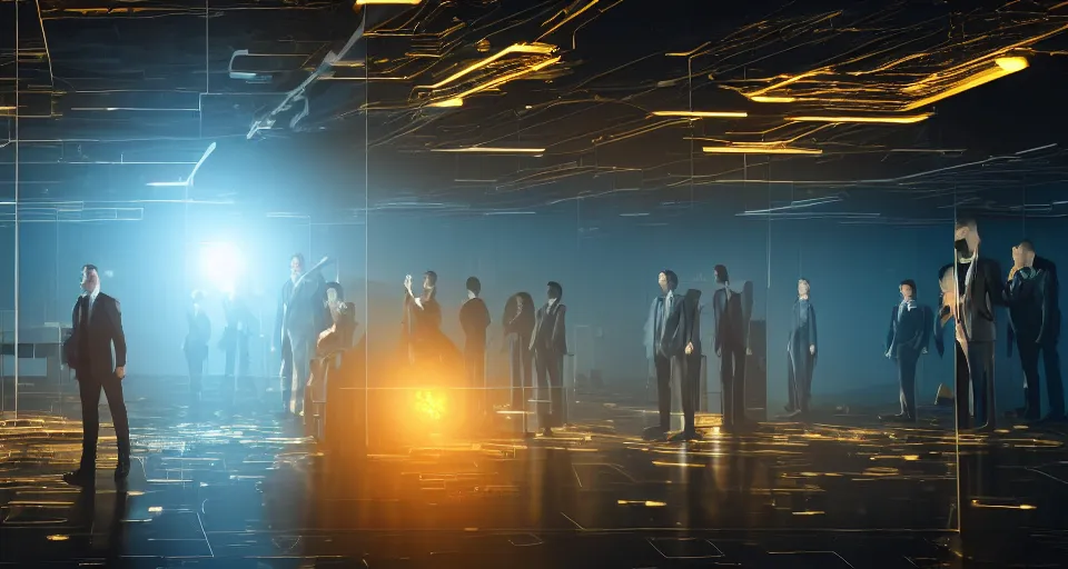 Prompt: Dramatic photo of a CEO waving goodbye in front of a group of silhouettes of his coworkers in a futuristic office. Golden coins are levitating all around them. 8k, high detail, trending on Artstation, volumetric lighting, cyberpunk