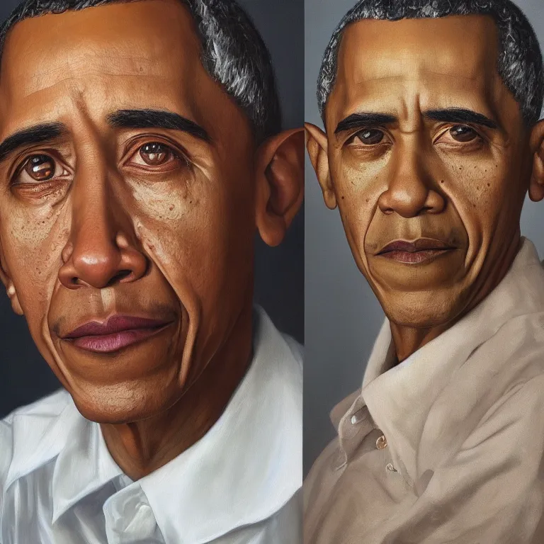 Image similar to hyperrealistic close up studio portrait of aging old Barack Obama age 85 sad, oil painting by Ivan Albright and Lucian Freud and Ron Mueck, trending on artstation Studio lighting hyperrealism