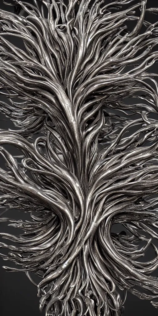 Prompt: a photorealistic render of an abstract organic sculpture made of melted metal and bioluminescent beings on a black background, c 4 d, by zhelong xu ouchh studio and ernst haeckel, wide angle, hyper realistic, plain black background, 8 k, volumetric lightning, octane render