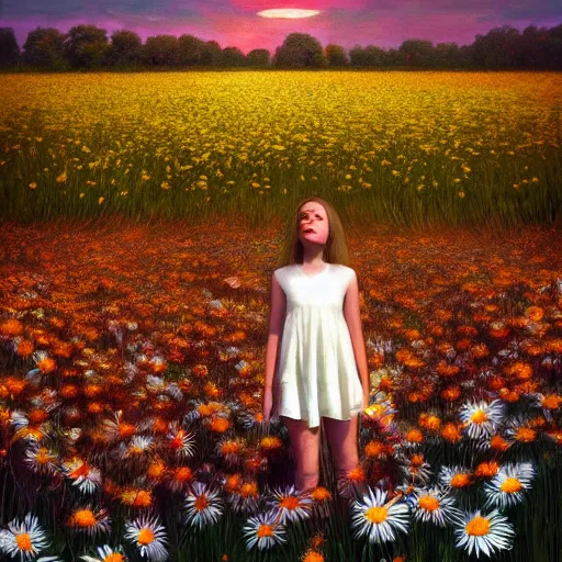 Image similar to full body daisy flower head, girl standing in a flower field, head hidden behind huge daisy flower, surreal photography, sunrise, dramatic light, impressionist painting, colorful clouds, digital painting, artstation, simon stalenhag