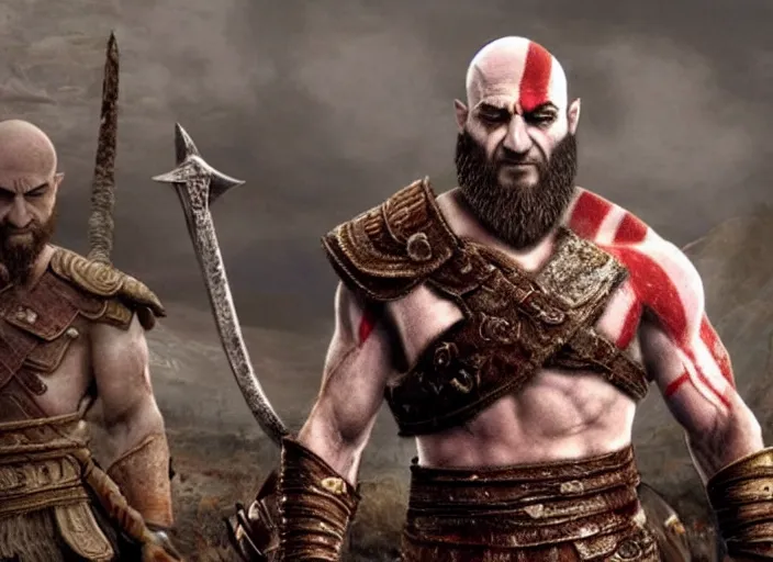 Image similar to movie frame of benjamin netanyahu playing kratos in god of war ( 2 0 2 0 ), hd, bluray, highlydetailed, cinematic