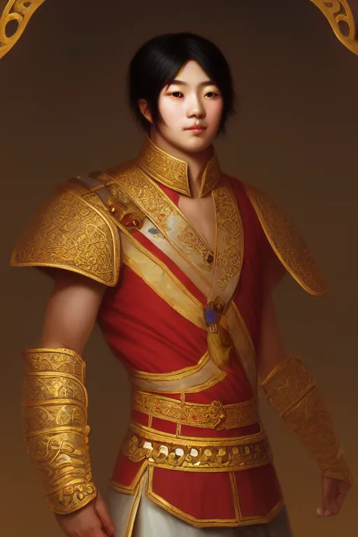 Image similar to a portrait of a asian male prince, illustration, soft lighting, soft details, dark mood, painting oil on canvas by Edmund Blair Leighton and Charlie Bowater octane render trending on artstation d&d characters, 4k, 8k, HD