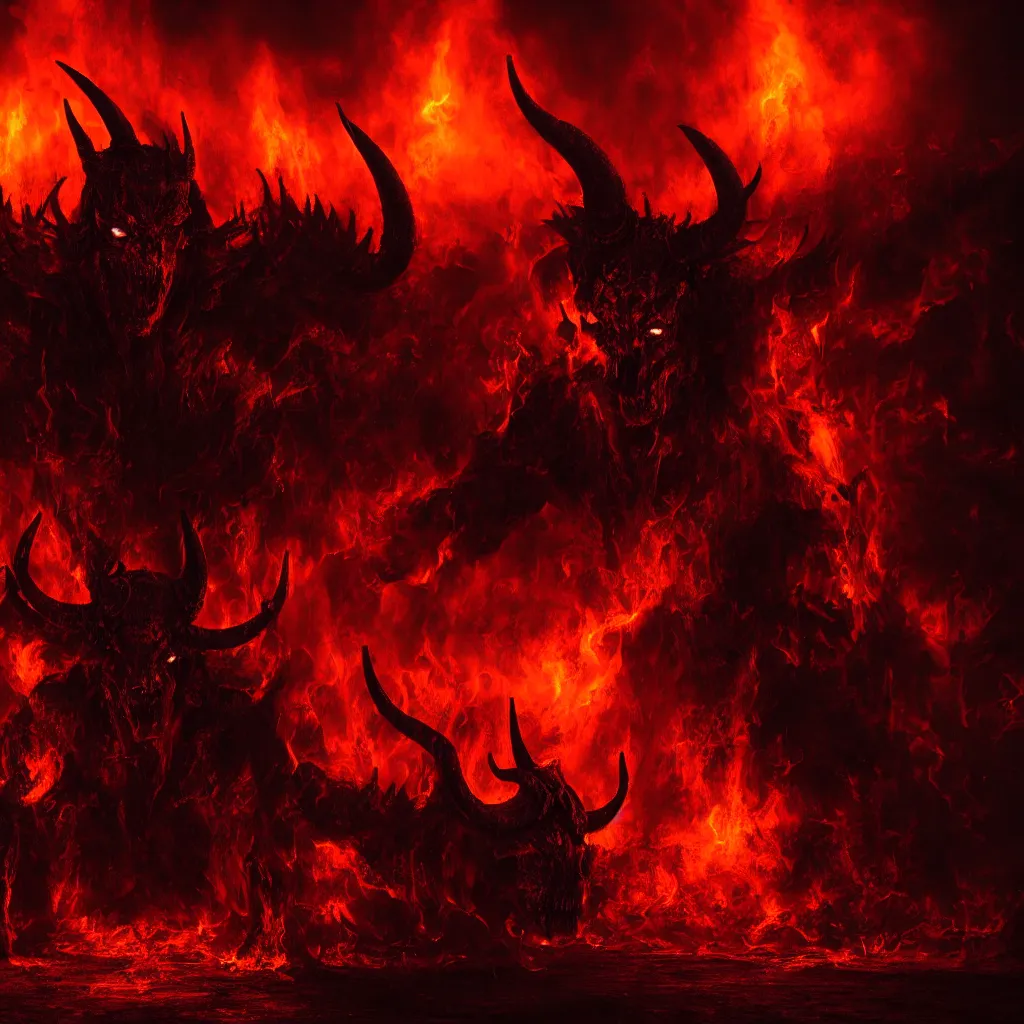 Prompt: A demon with horns in a fiery hell, central composition, dark and mysterious, atmospheric, ominous, eerie, cinematic, 4k, ultra detail, ultra realistic