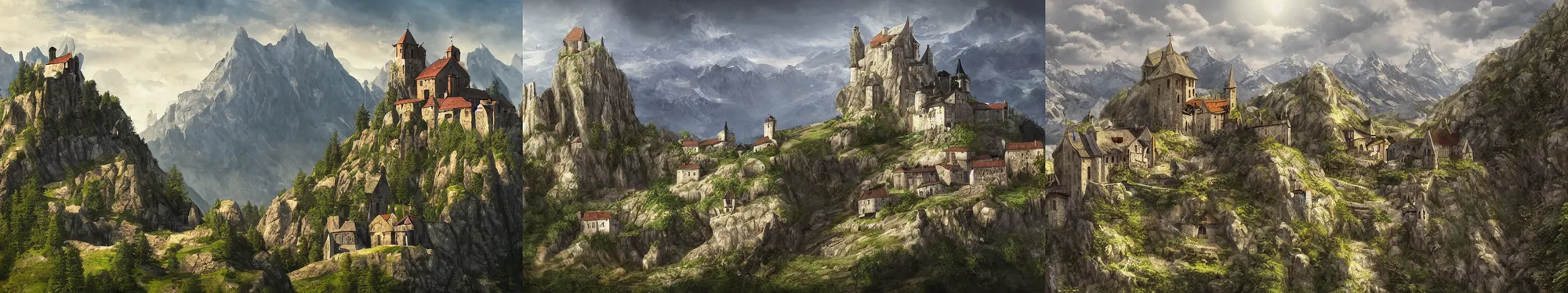 Prompt: a medieval monastery on the top of a rough, steep mountain with great view on other mountains, epic, no trees, no foliage, realistic light, epic, fantasy, digital art